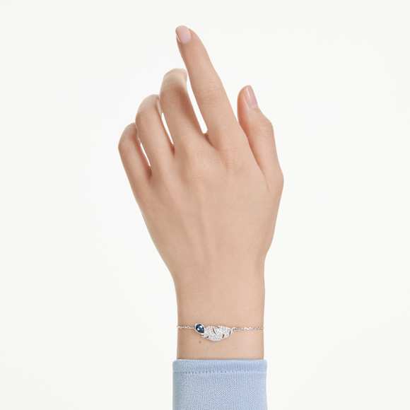 Idyllia armband, Verschillende slijpvormen, Veer, Blauw, Rodium toplaag - Swarovski, 5730359