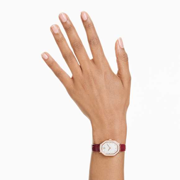 Dextera octagon watch, Swiss Made, Leather strap, Red, Rose gold-tone finish - Swarovski, 5730373