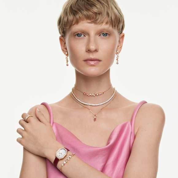 Dextera octagon 腕表, 瑞士制造, 真皮表带, 红色, 玫瑰金色调润饰 - Swarovski, 5730373