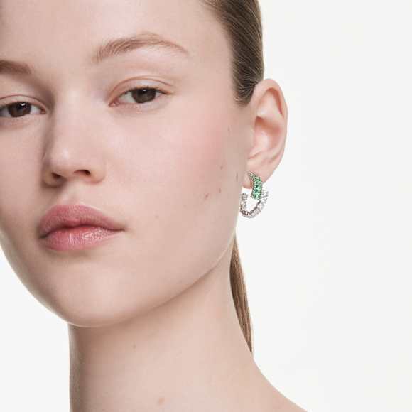 Matrix 大圈耳环, 混合切割, 绿色, 镀铑 - Swarovski, 5732264