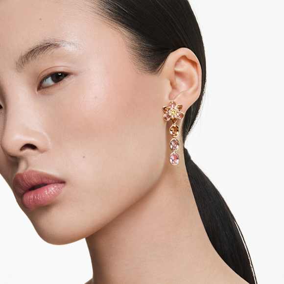 Idyllia drop earrings, Mixed cuts, Flower, Multicolored, Gold-tone plated - Swarovski, 5732381