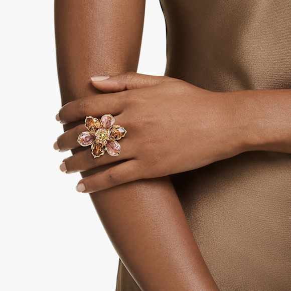 Idyllia motif ring, Mixed cuts, Flower, Multicolored, Gold-tone plated - Swarovski, 5732382