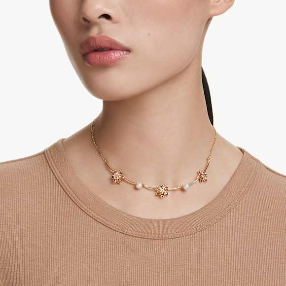 Idyllia necklace, Crystal pearl, Mixed cuts, Flower, Multicolored, Gold-tone plated - Swarovski, 5732388