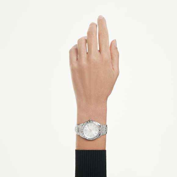 Matrix date watch, Swiss Made, Metal bracelet, Silver Tone, Stainless steel - Swarovski, 5734665
