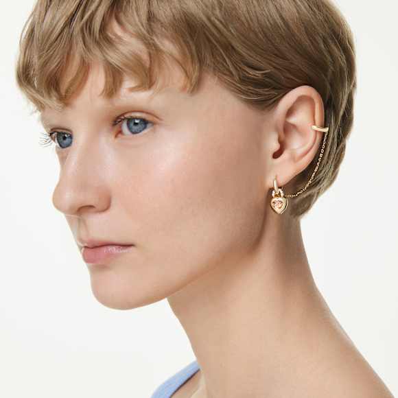 Długie kolczyki z nausznicą Idyllia, Szlify różnorodne, Serce z kluczem, Różowe, Wykończenie z 18-karatowego złota - Swarovski, 5737294