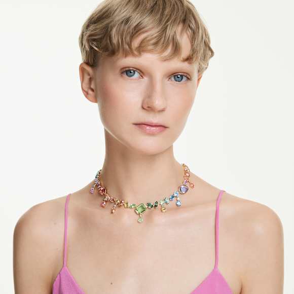 Gema necklace, Mixed cuts, Dangling crystals, Multicoloured, Gold-tone plated - Swarovski, 5737443