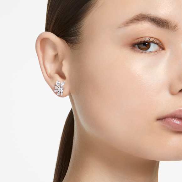 Mesmera stud earrings, Mixed cuts, Flower, White, Rhodium plated - Swarovski, 5737462