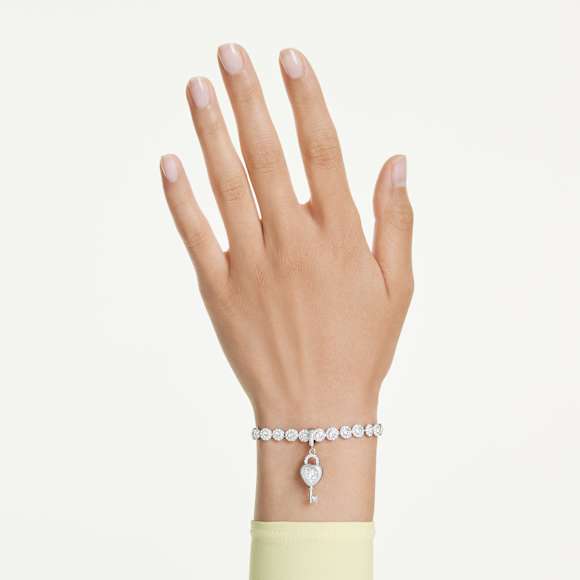 Idyllia Charm, 混合式切割, 心與鑰匙, 白色, 鍍白金色 - Swarovski, 5742957