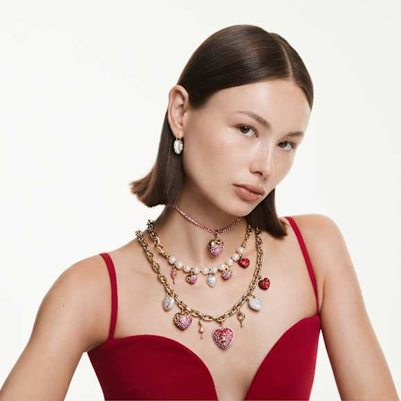 Idyllia Charm, 混合切割, 心形与钥匙, 白色, 镀金色调 - Swarovski, 5742959
