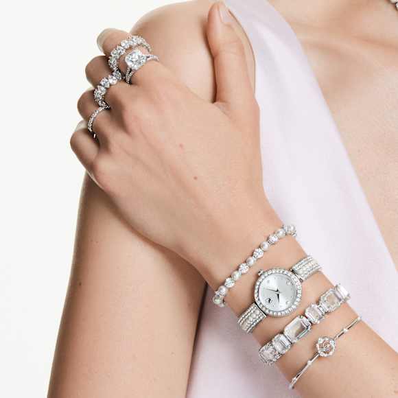 Pevný náramek Constella, Kulatý výbrus, Dancing Stone, Bílý, Pokoveno rhodiem - Swarovski, 5743523