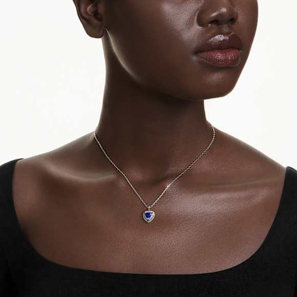 Pandantiv One, Tăietură inimă, Pavé, Inimă, Albastru, Placat cu rodiu - Swarovski, 5743579