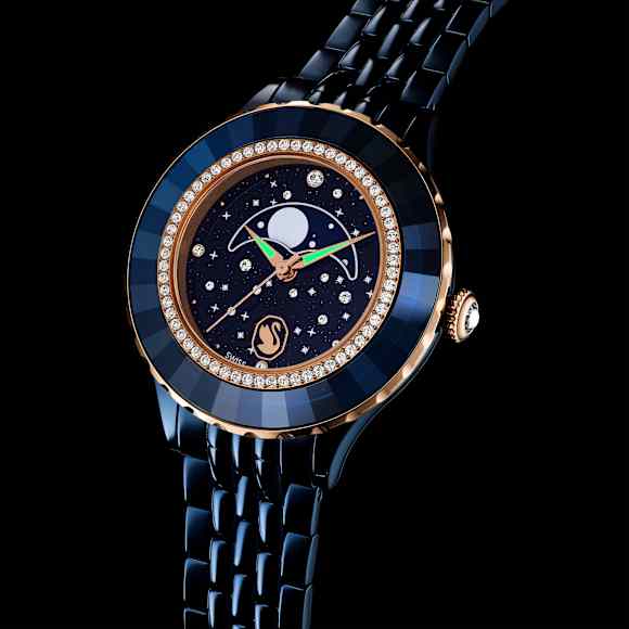 Ročna ura Octea moon, Izdelano v Švici, Kovinska zapestnica, Modra, Modra prevleka - Swarovski, 5743701