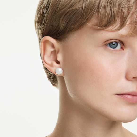 Matrix stud earrings, Crystal pearl, White, Rhodium plated - Swarovski, 5747752
