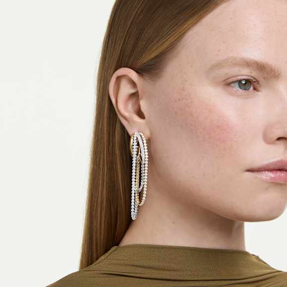 Brincos Hyperbola, Design com sobreposição, Lapidação redonda, Brancos, Acabamento de combinação de metais - Swarovski, 5749368