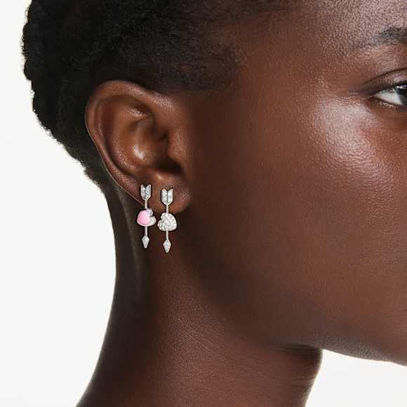 Idyllia drop earrings, Mixed cuts, Heart with arrow, White, Rhodium plated - Swarovski, 5749602