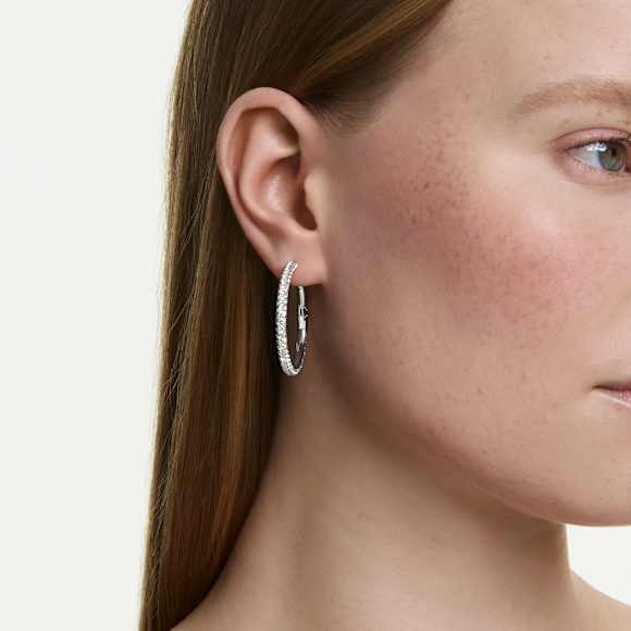 Dextera hoop earrings, Round cut, White, Rhodium plated - Swarovski, 5754156