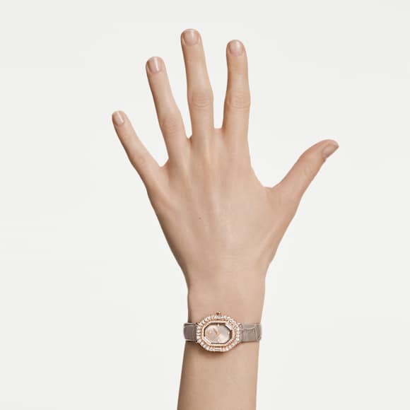 Relógio Matrix octagon, Pulseira de couro, Bege, Acabamento em rosa dourado - Swarovski, 5755686