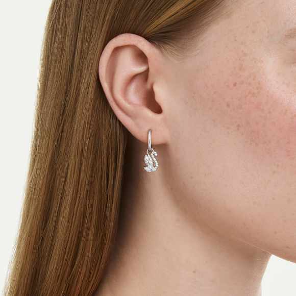 Brincos compridos Swan, Combinação de lapidações, Cisne, Branco, Lacado a ródio - Swarovski, 5759942
