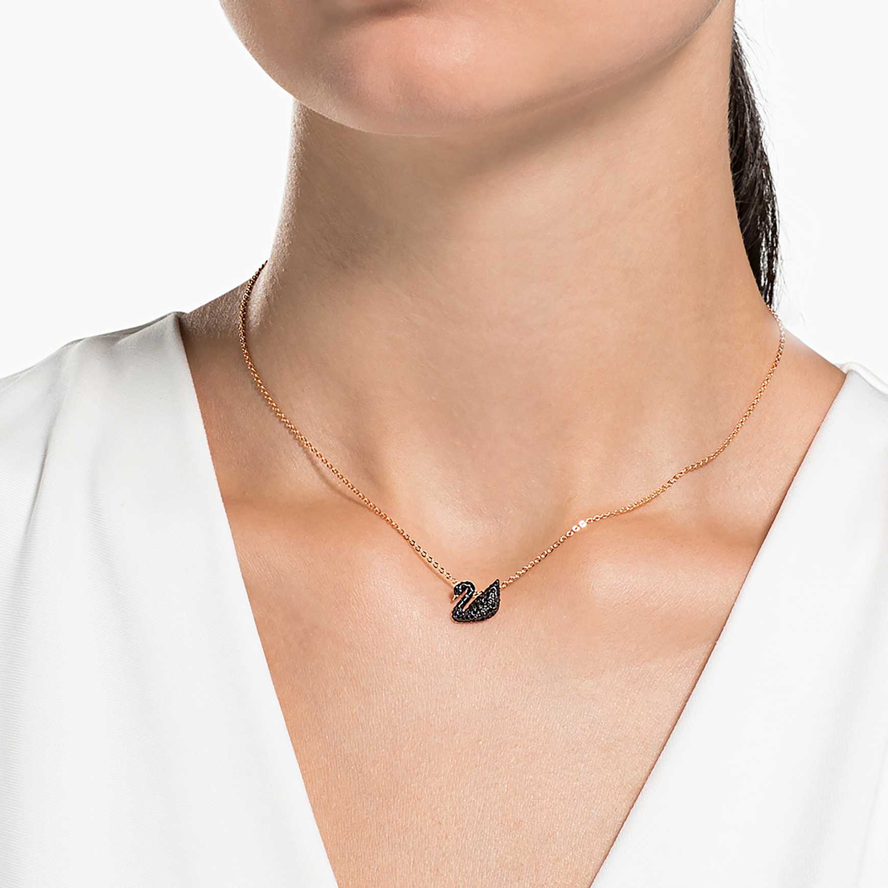 Swan pendant, Swan, Small, Black, Rose gold-tone plated