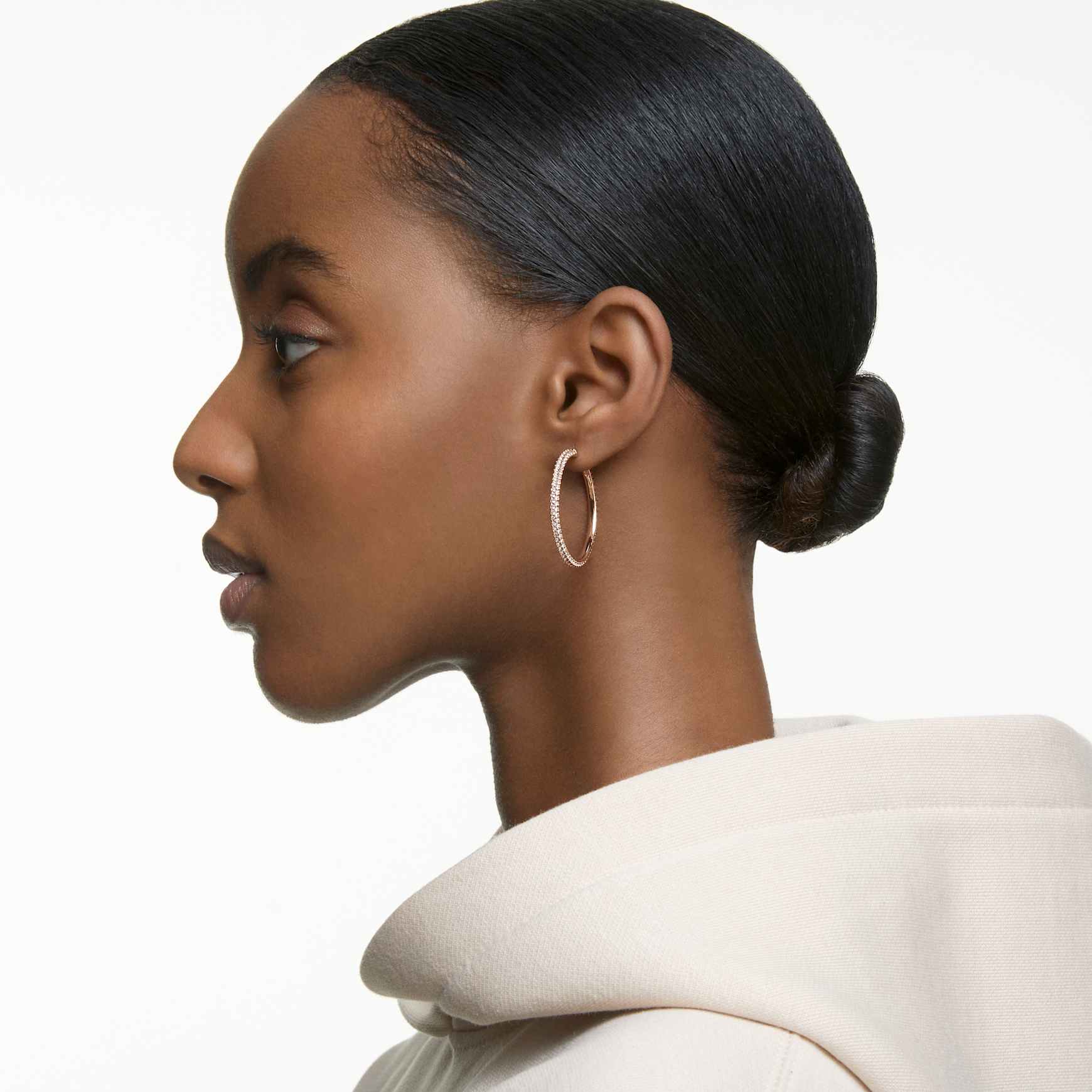 Dextera hoop earrings, Pavé, Large, White, 18K rose gold finish