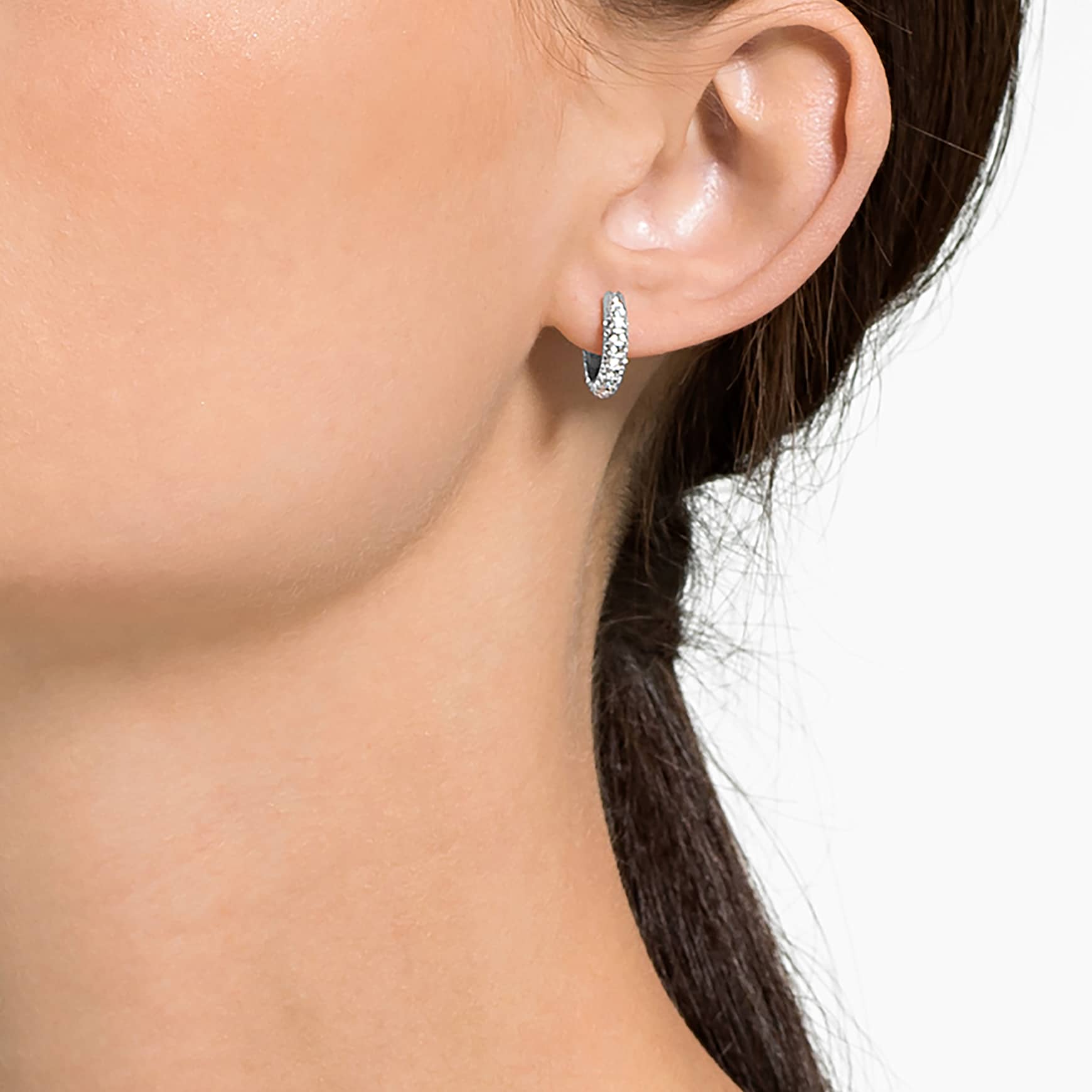 Dextera hoop earrings, Pavé, Small, White, Rhodium plated by SWAROVSKI