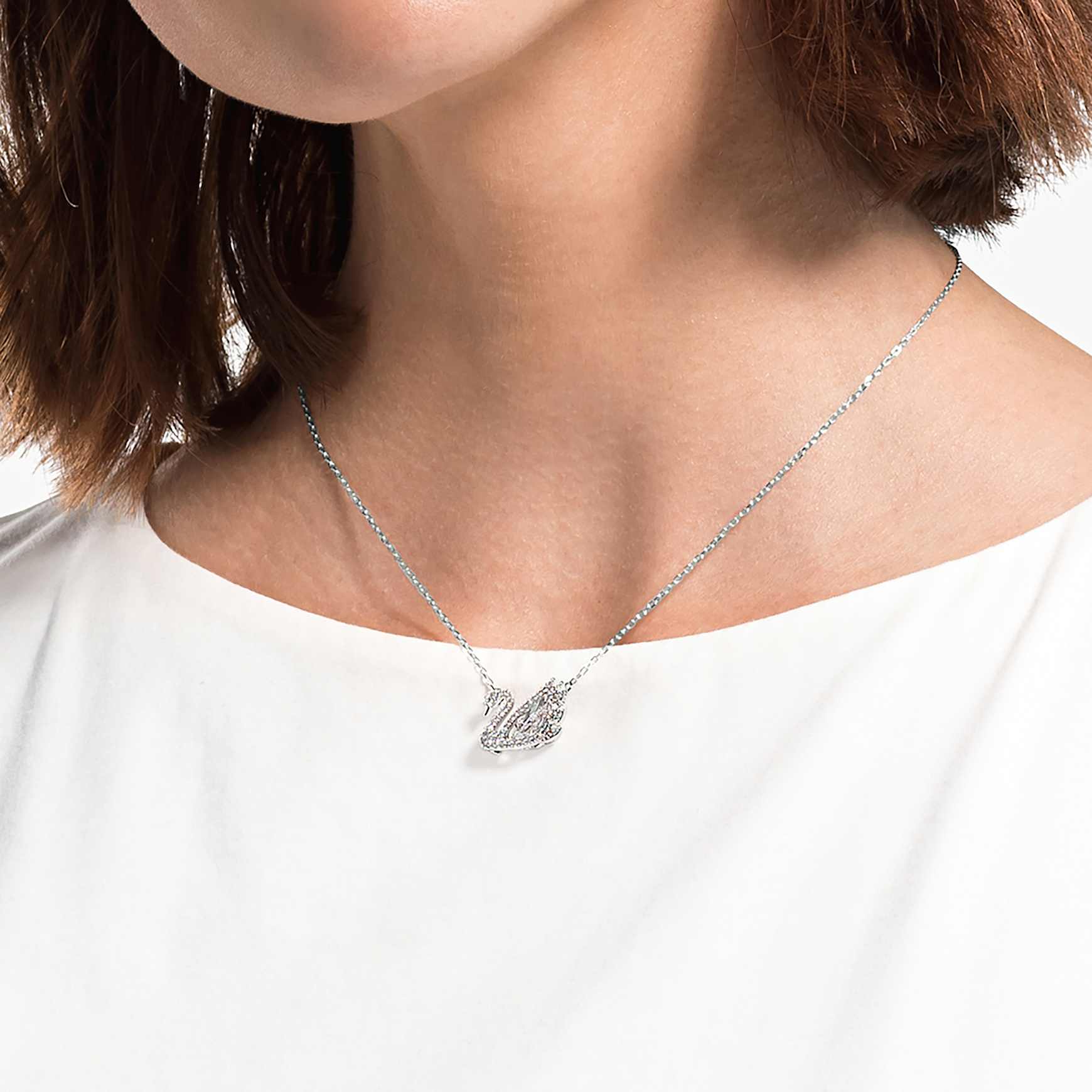 Swan necklace, Dancing swan, White, Rhodium plated by SWAROVSKI