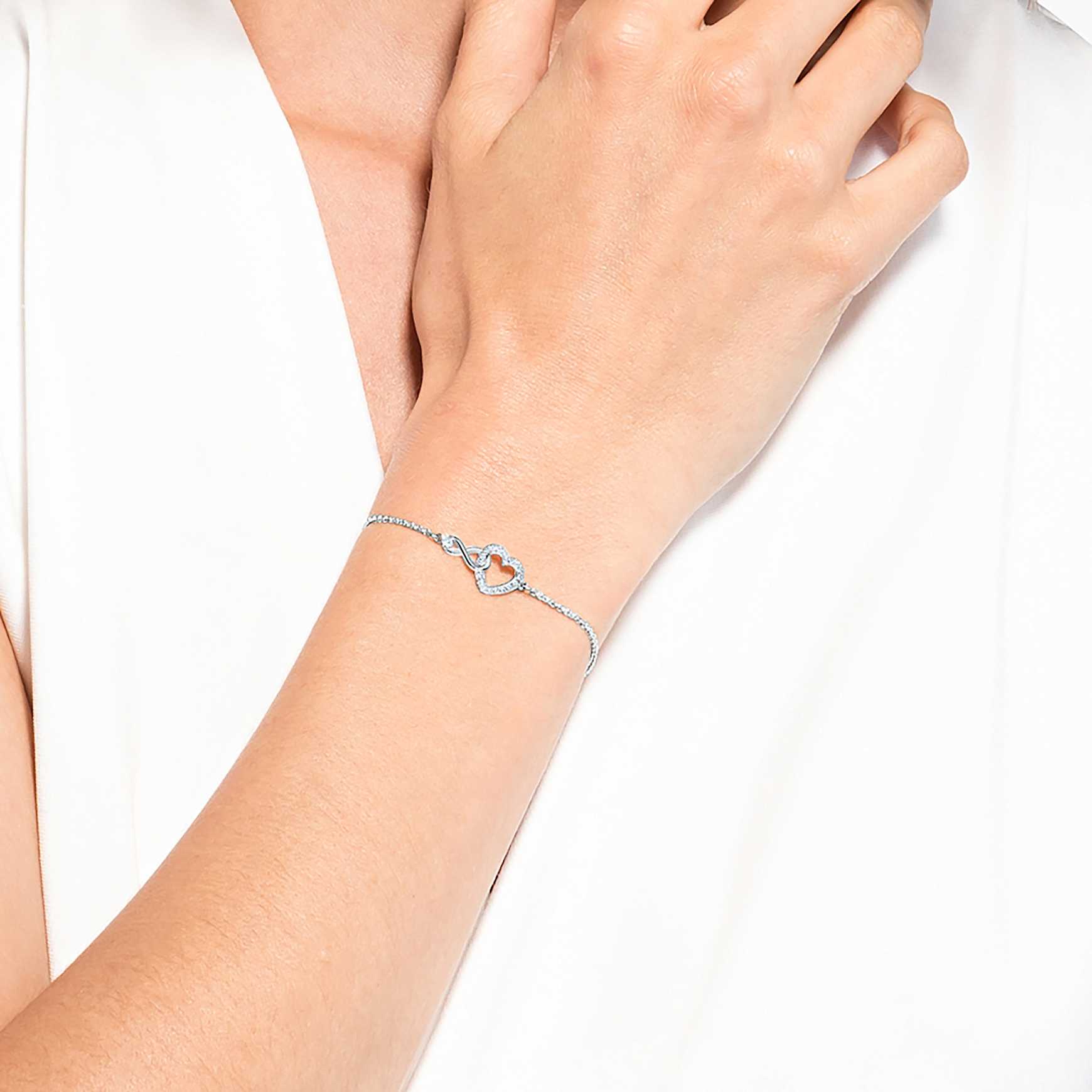 Hyperbola bracelet, Infinity and heart, White, Rhodium plated by SWAROVSKI
