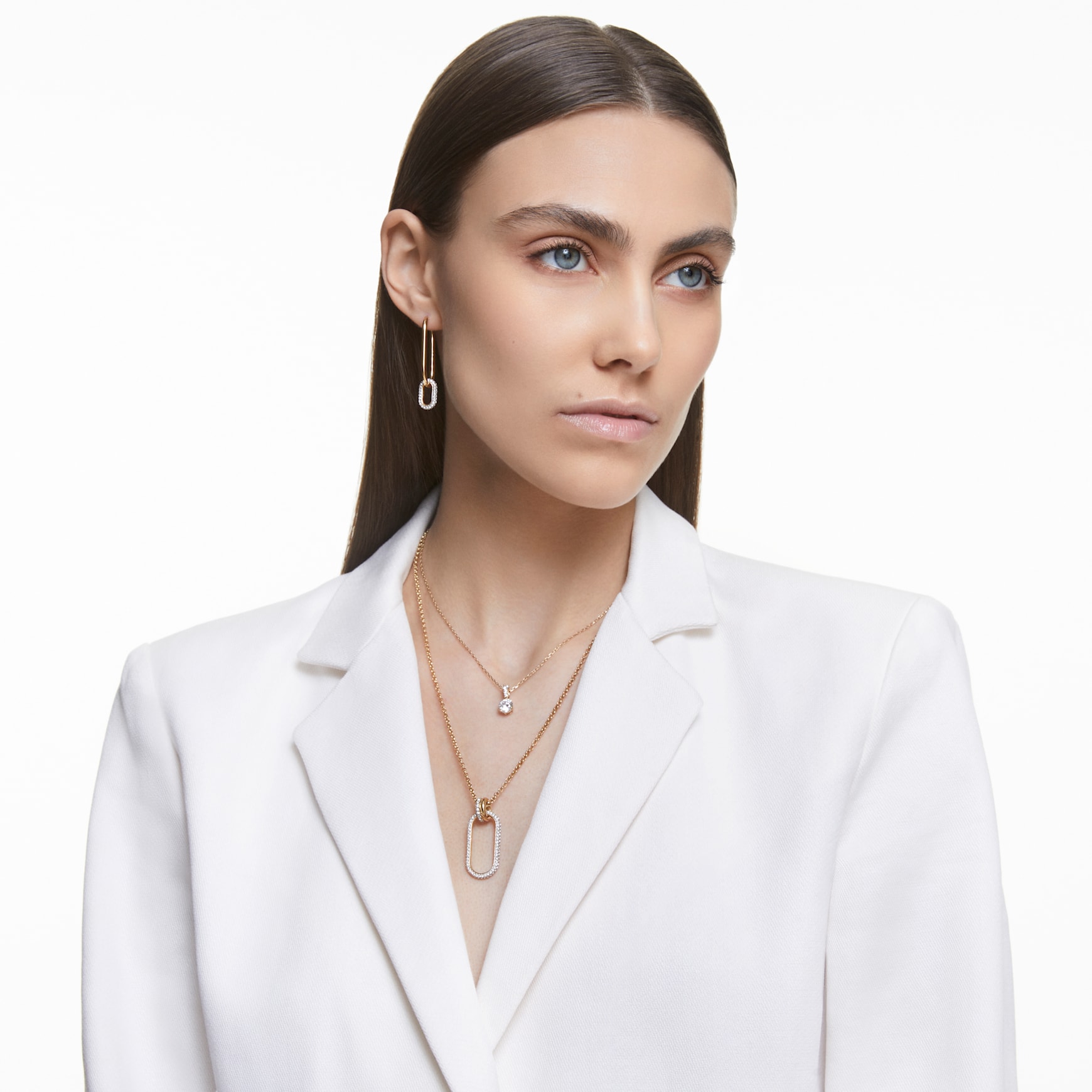 Dextera hoop earrings, Asymmetrical design, White, Mixed metal finish