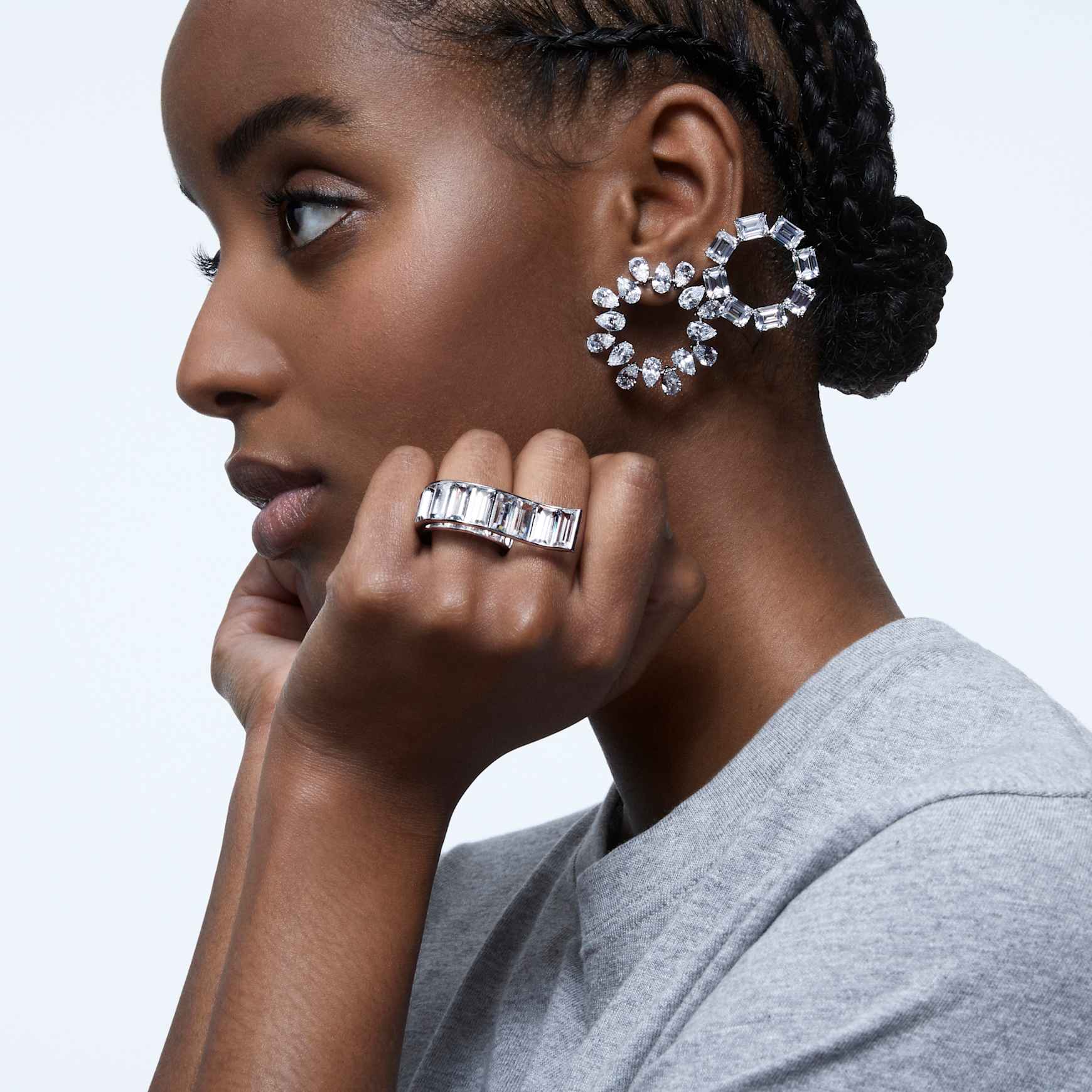 Matrix hoop earrings, Pear cut, White, Rhodium plated by SWAROVSKI