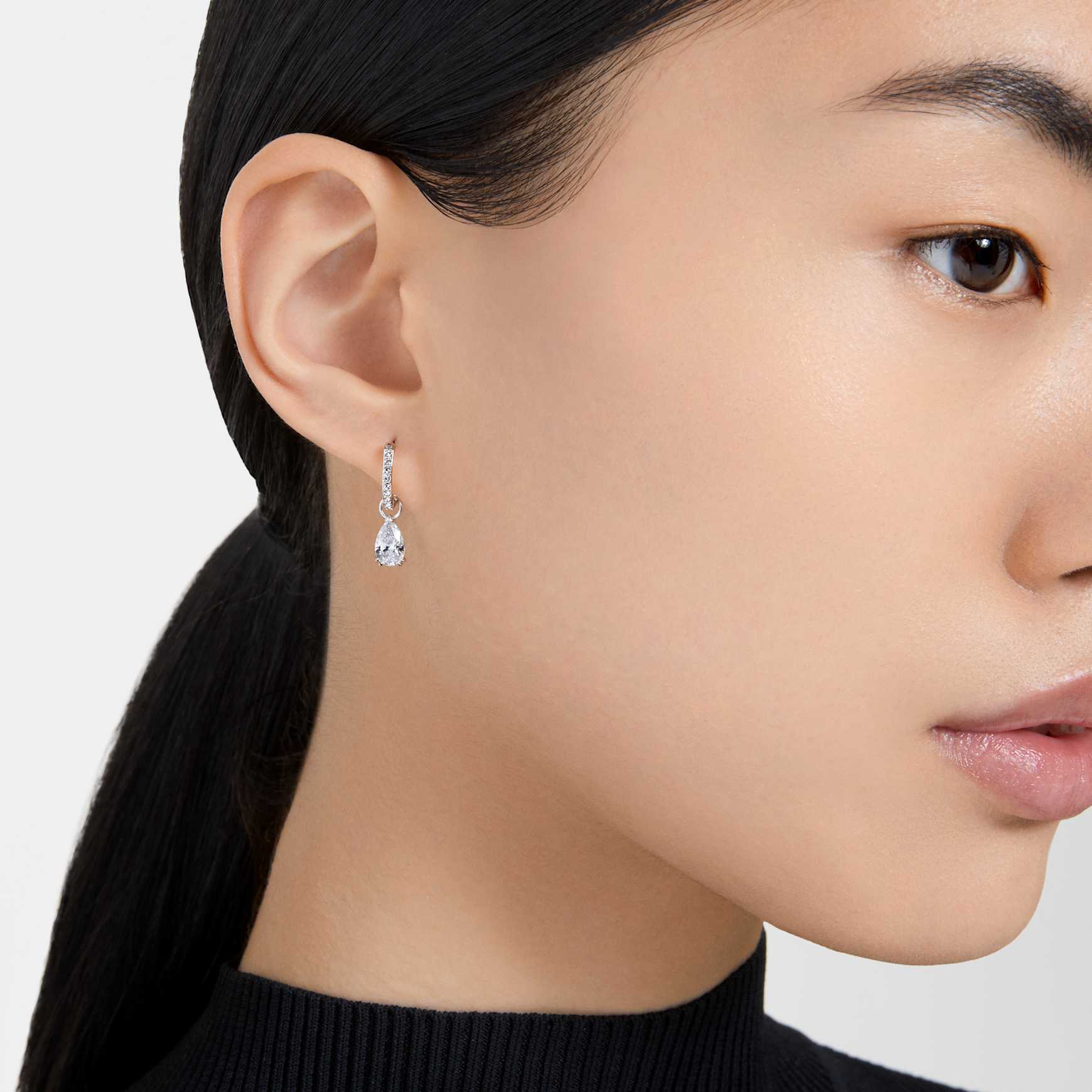 Stilla drop earrings, Pear cut, Round cut, White, Rhodium plated by SWAROVSKI