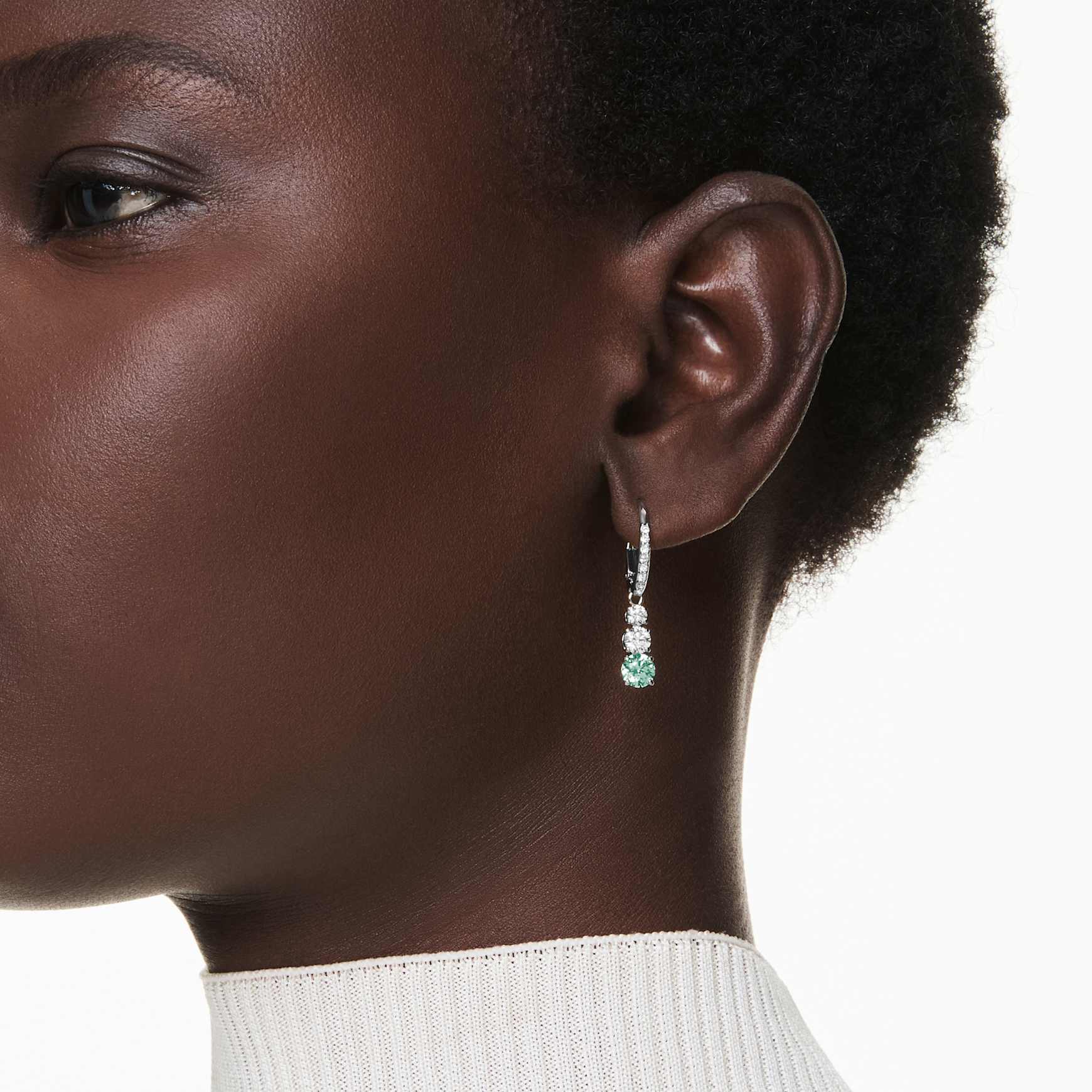 Stilla hoop earrings, Round cut, Green, Rhodium plated
