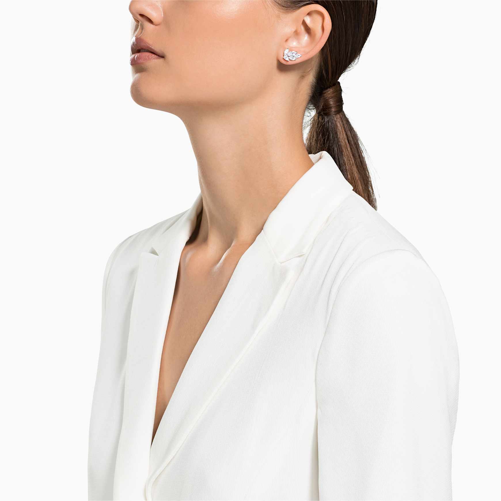 Louison stud earrings, Leaf, White, Rhodium plated by SWAROVSKI