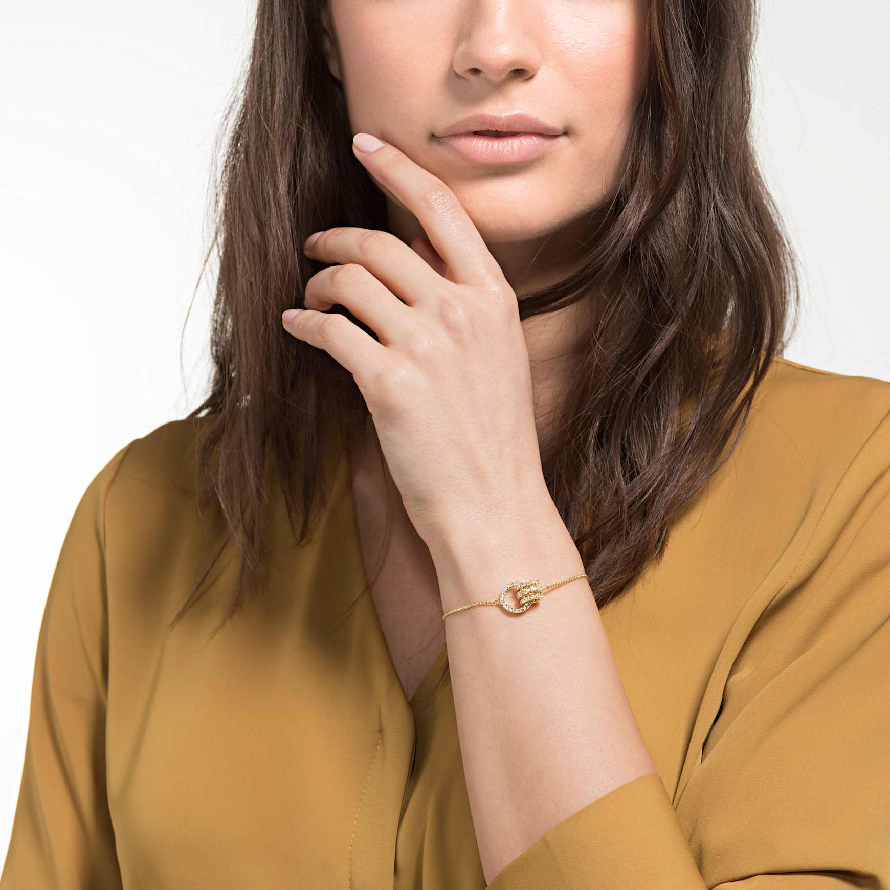 Hyperbola bracelet, Interlocking loop, White, Gold-tone plated by SWAROVSKI