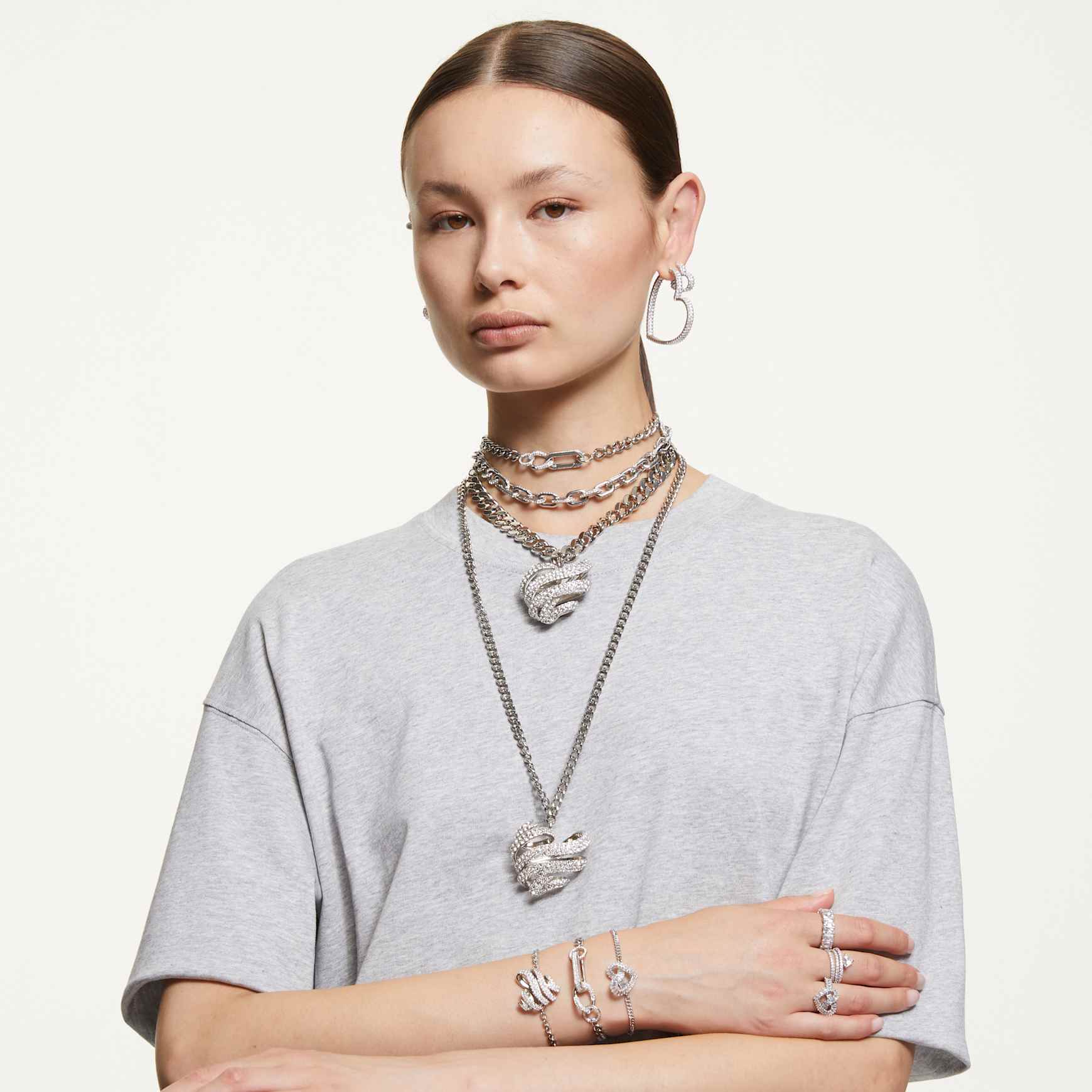 Matrix ring, Mixed cuts, Heart, White, Rhodium plated by SWAROVSKI