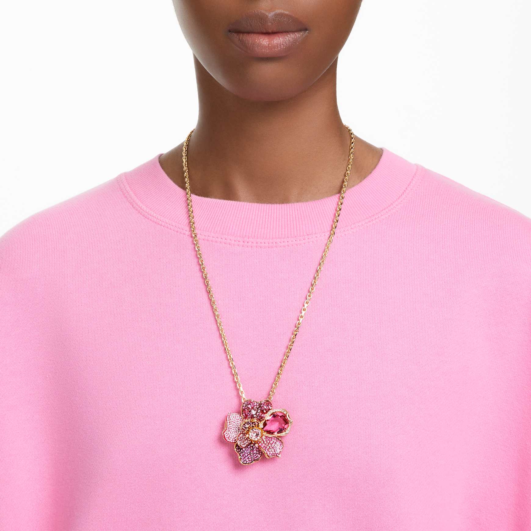 Idyllia pendant and brooch, Pavé, Flower, Pink, Gold-tone plated by SWAROVSKI