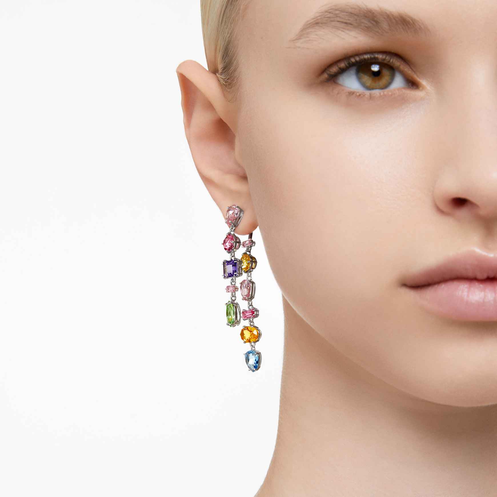 Gema drop earrings, Asymmetrical design, Mixed cuts, Long, Multicoloured