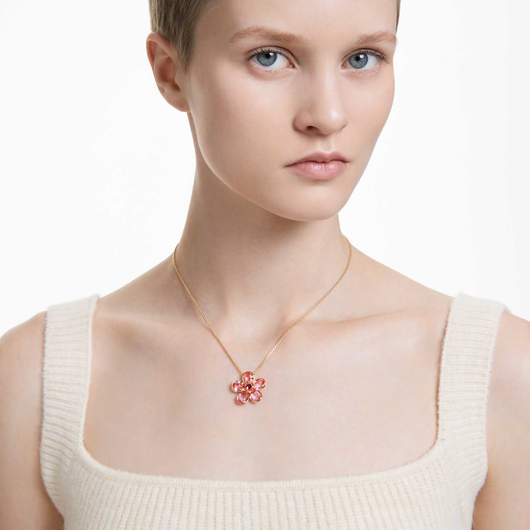 Idyllia pendant, Flower, Small, Pink, Gold-tone plated by SWAROVSKI