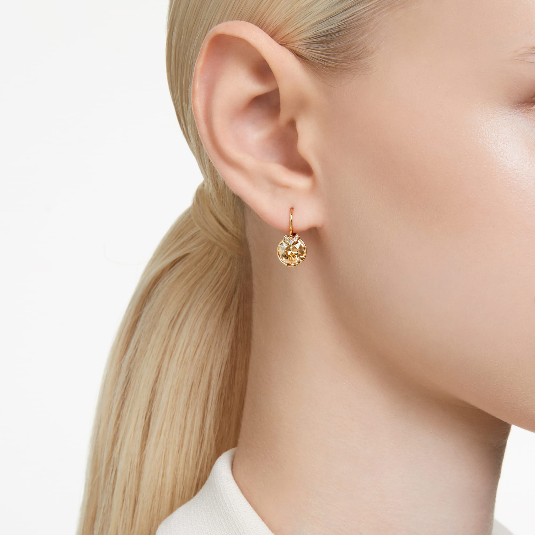 Bella V drop earrings, Round cut, Gold tone, 18K gold finish