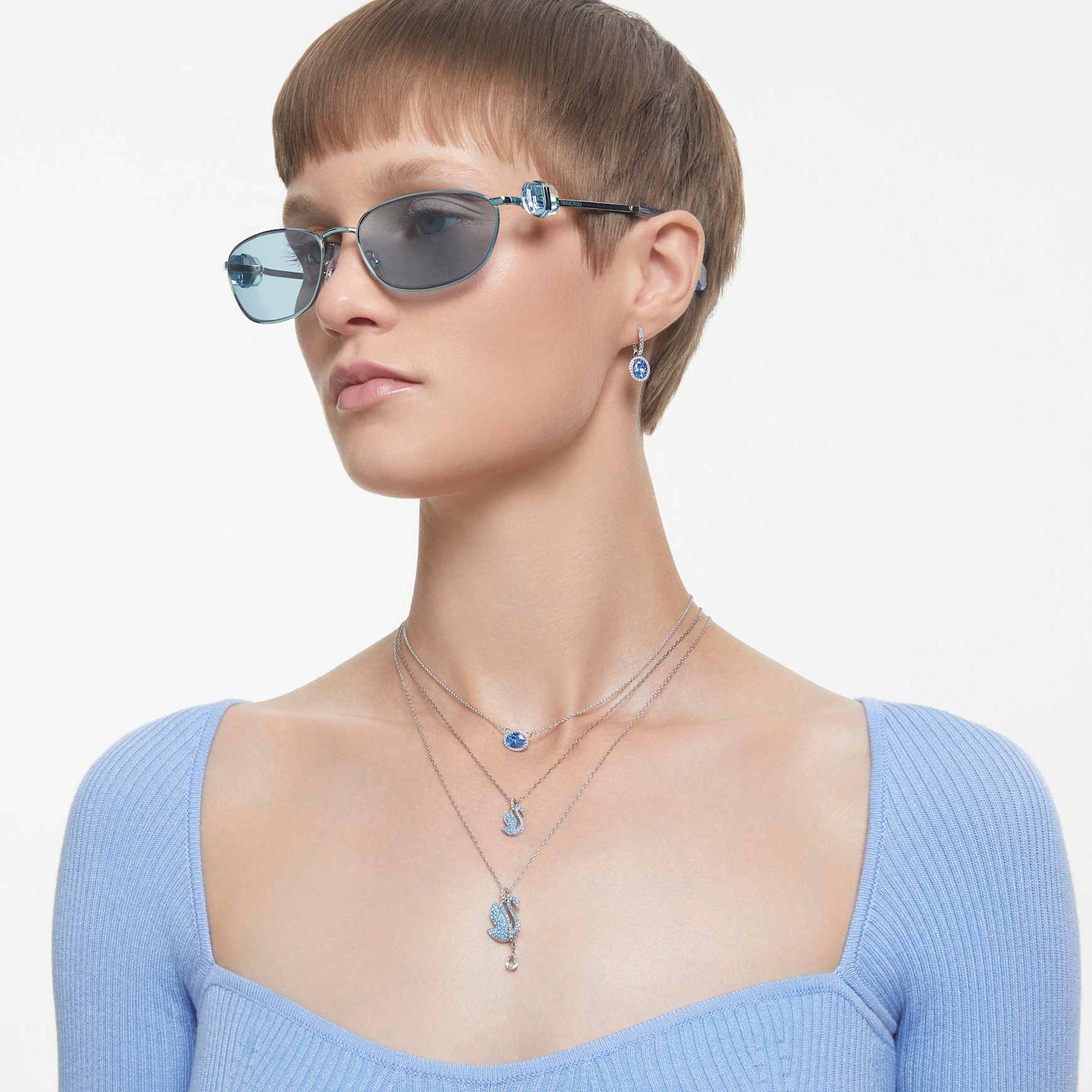 Constella necklace, Oval cut, Blue, Rhodium plated by SWAROVSKI