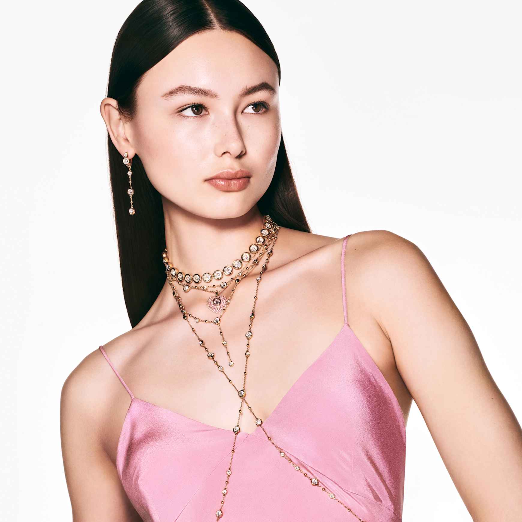 Imber necklace, Round cut, Scattered design, White, Gold-tone plated by SWAROVSKI