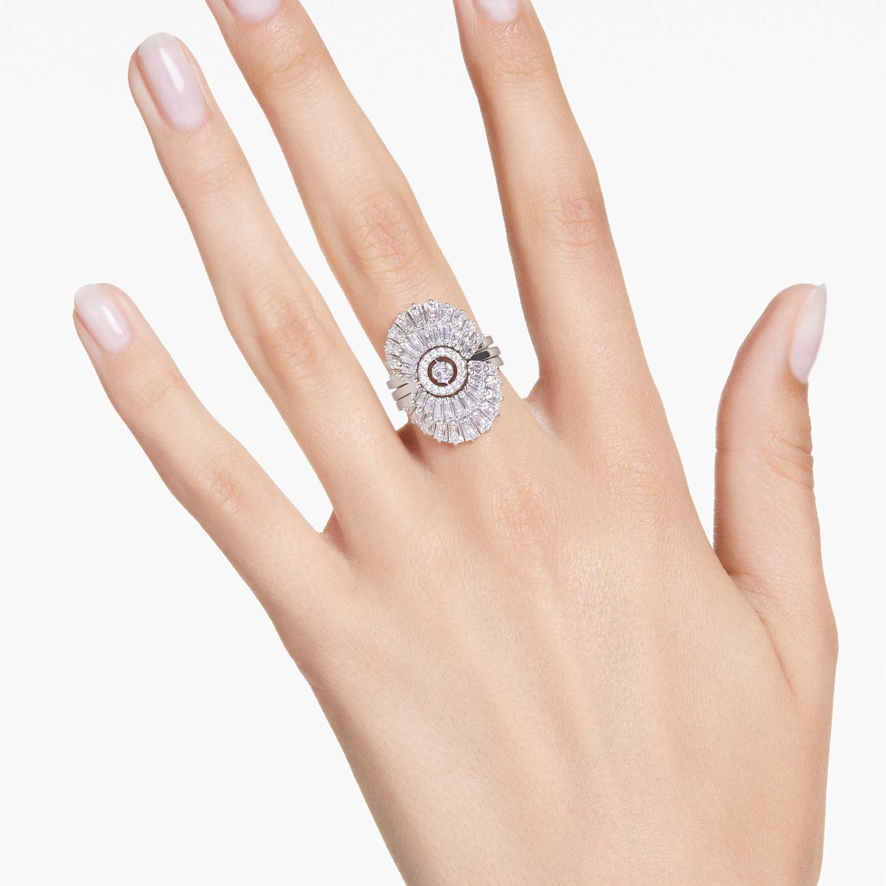 Idyllia ring, Set (3), Mixed cuts, Shell, White, Rhodium plated