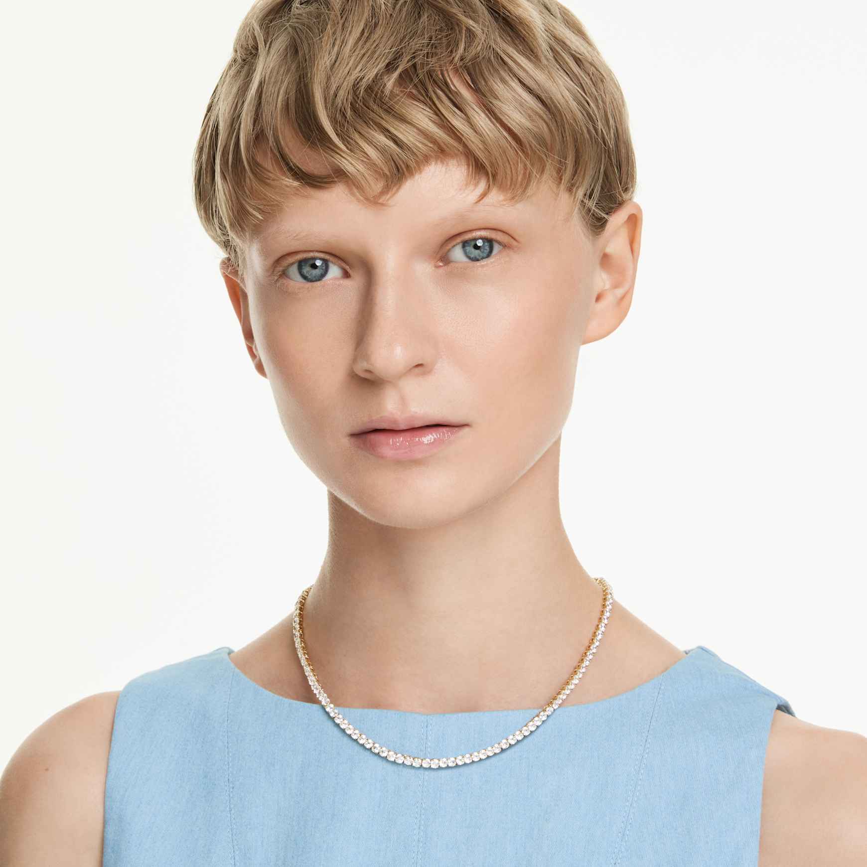 Matrix Tennis necklace, Round cut, White, 18K gold finish