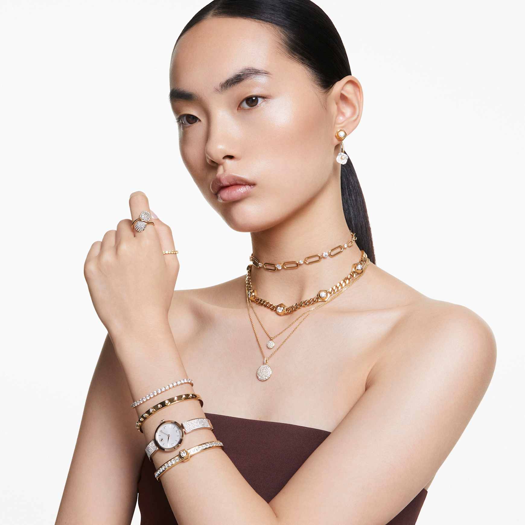 Numina bangle, Round cut, White, Gold-tone plated