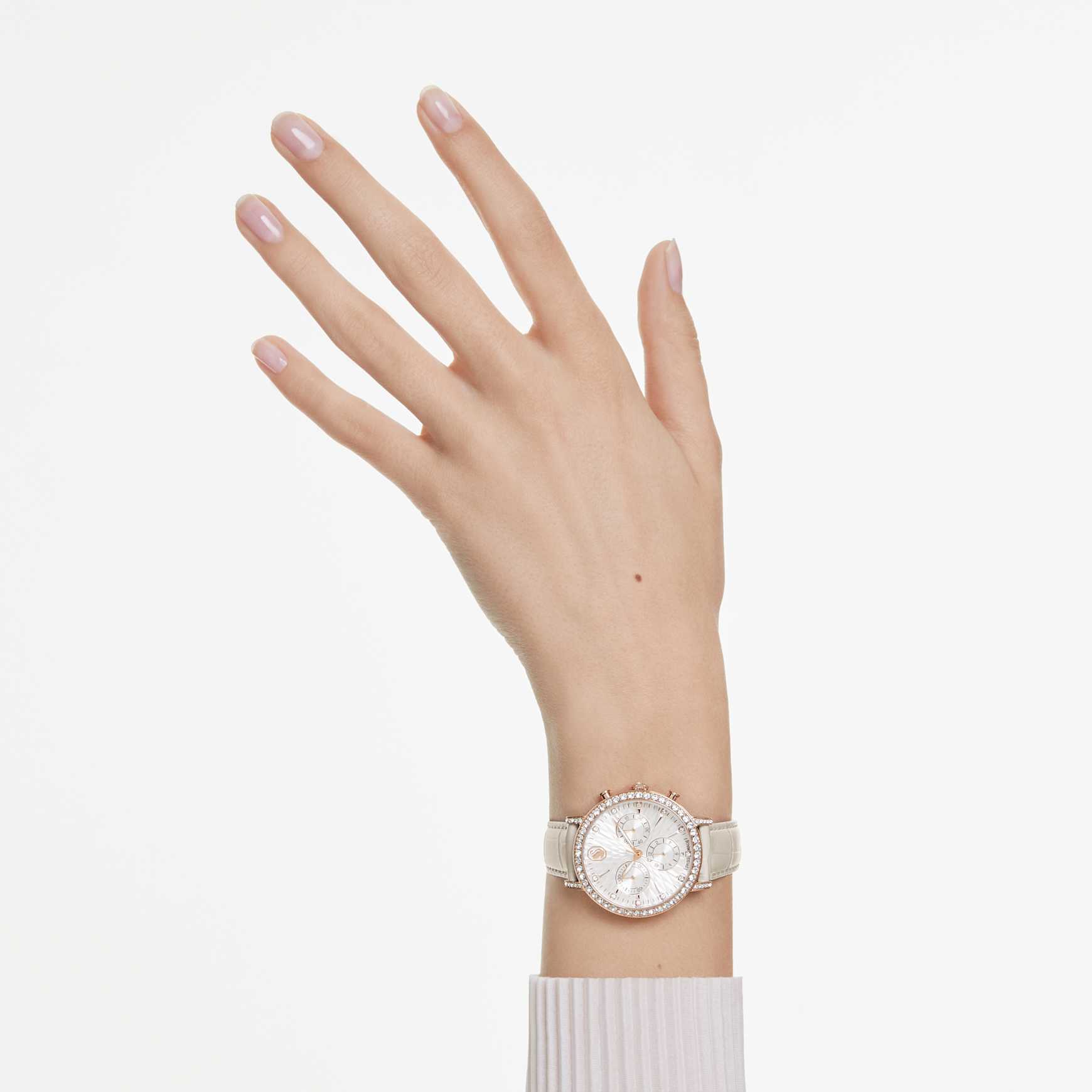 Matrix tennis chrono watch, Swiss Made, Leather strap, Beige, Rose gold-tone finish by SWAROVSKI