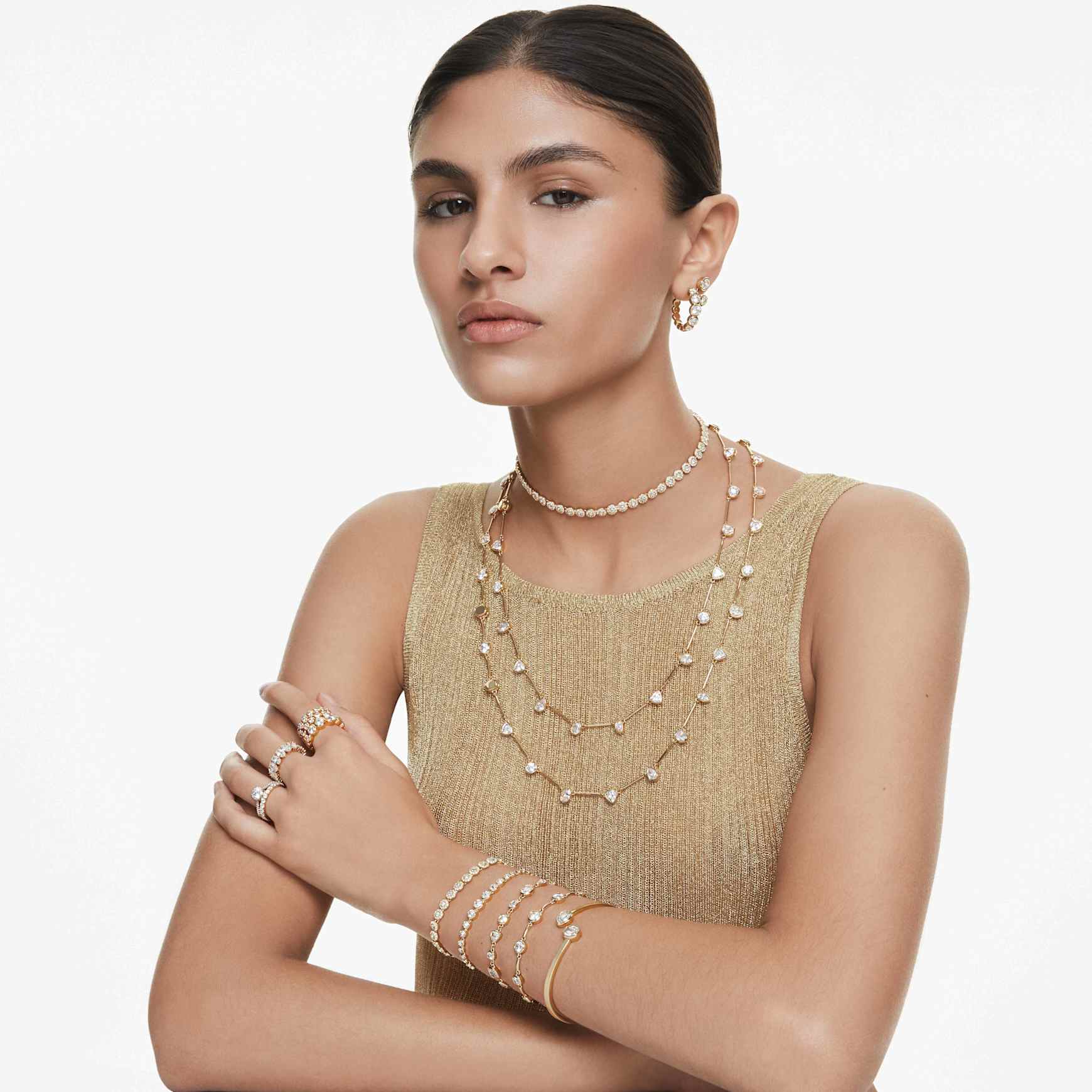 Imber necklace, Magnetic closure, Mixed cuts, White, Gold-tone plated by SWAROVSKI