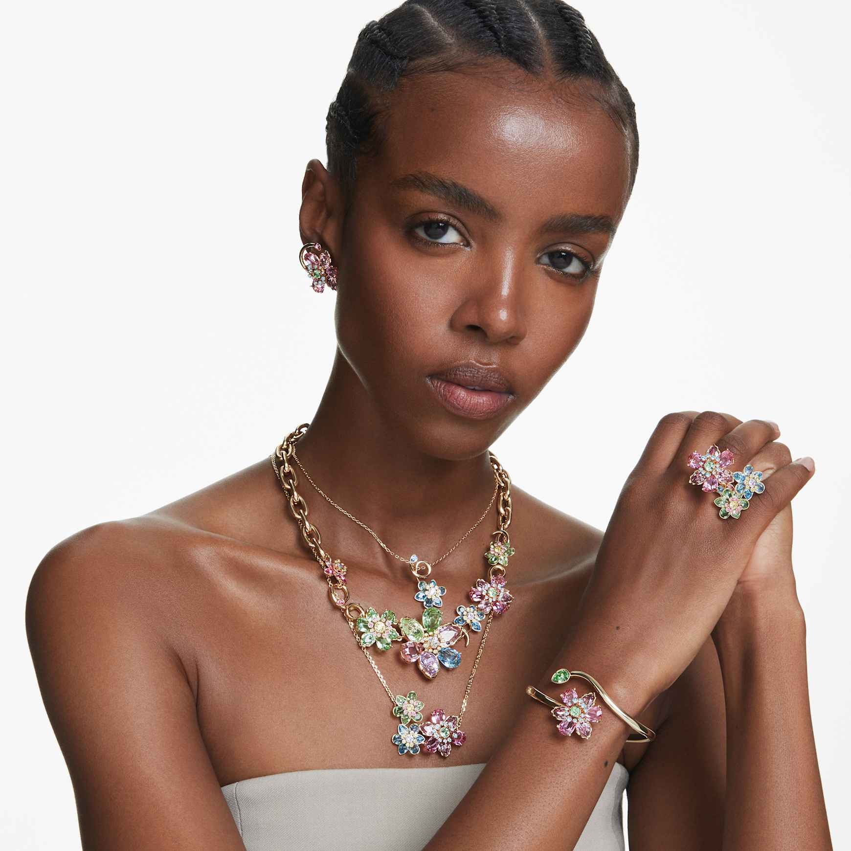 Idyllia necklace, Mixed cuts, Flower, Multicolored