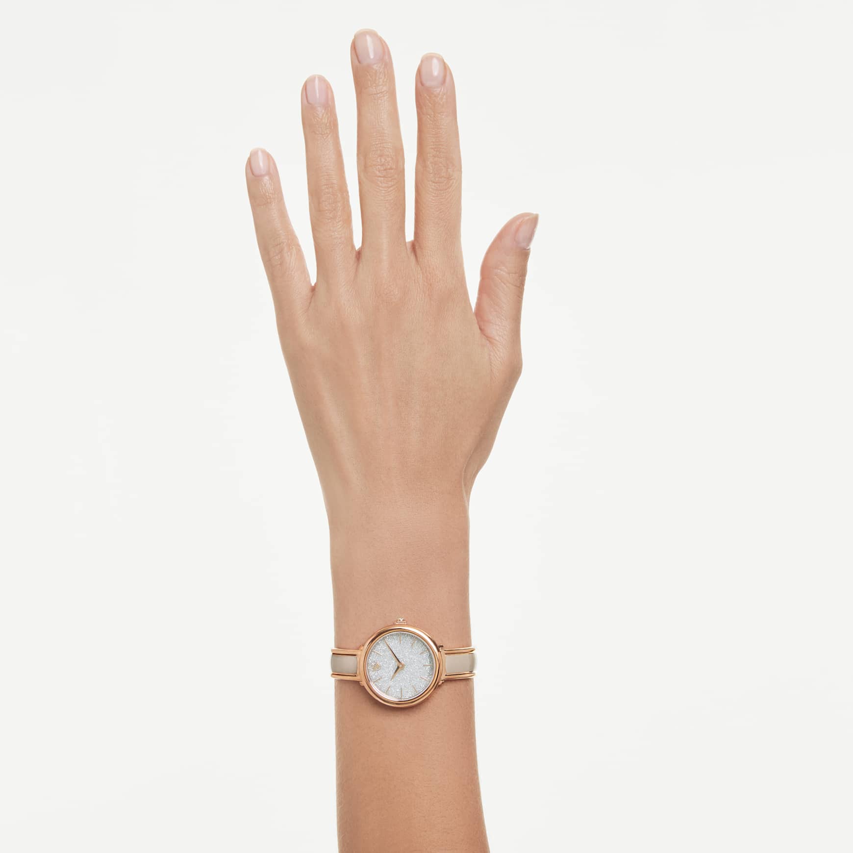 Crystalline bangle watch, Swiss Made, Metal bracelet, Beige, Rose gold-tone finish