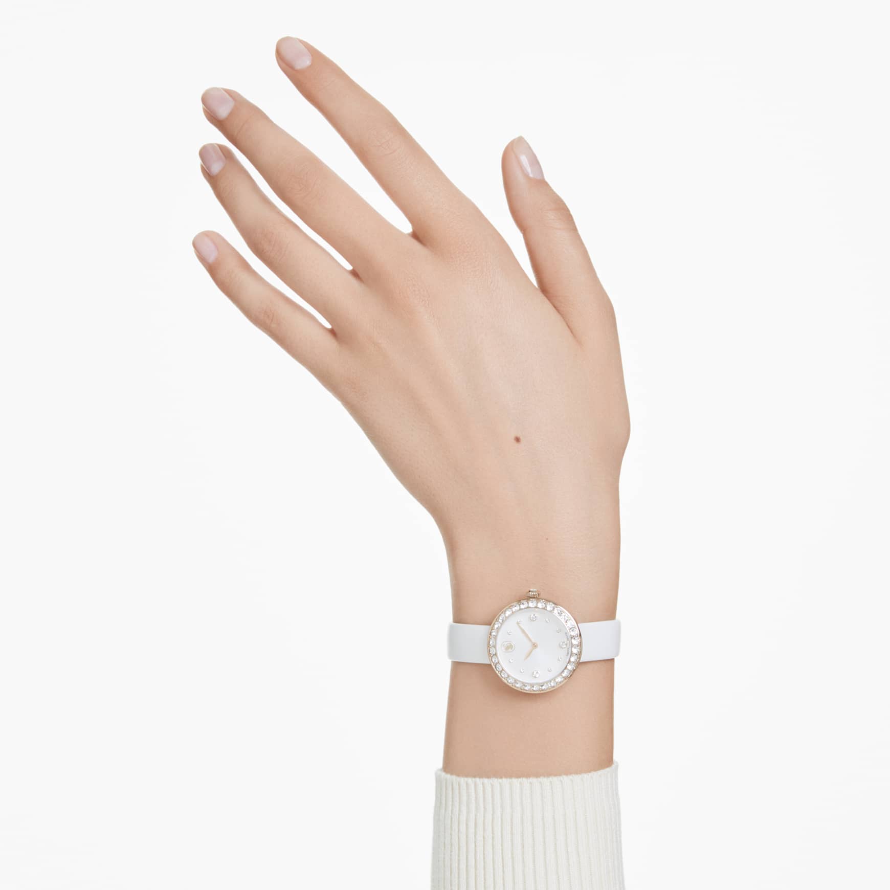 Matrix tennis watch, Swiss Made, Leather strap, White, Champagne gold-tone finish by SWAROVSKI