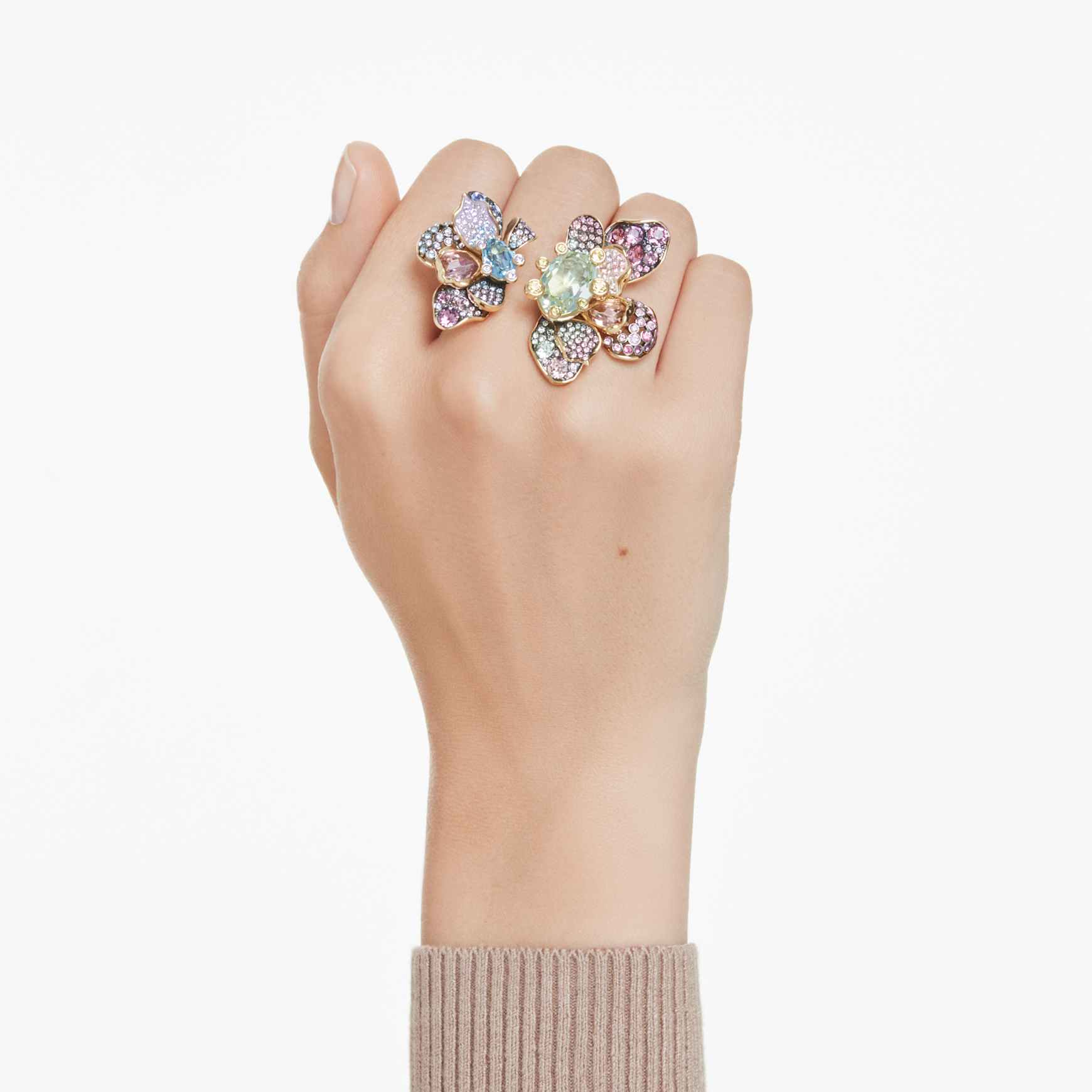Idyllia ring, Mixed cuts, Pavé, Flower, Multicolored, Gold-tone plated by SWAROVSKI