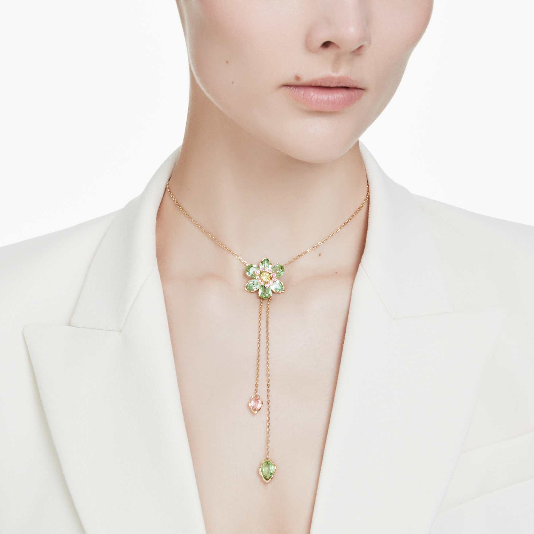 Idyllia Y pendant, Mixed cuts, Flower, Multicolored, 18K gold finish